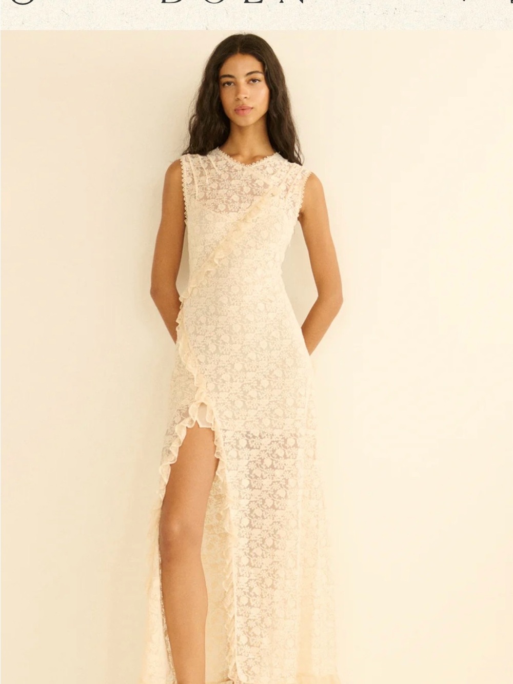 Doen Sleeveless Cream Lace Maxi Dress with Ruffle Trim